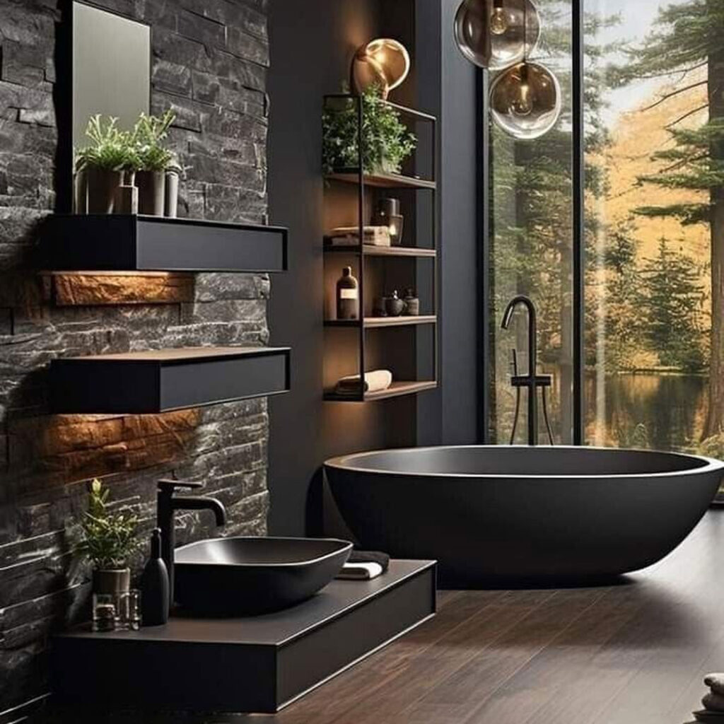 طراحی سرویس بهداشتی مدرن با رنگ تیره سنگی