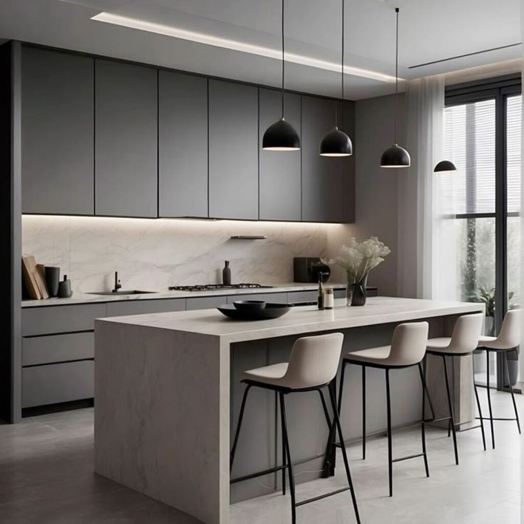 طراحی کابینت آشپزخانه با تم طوسی زیبا
