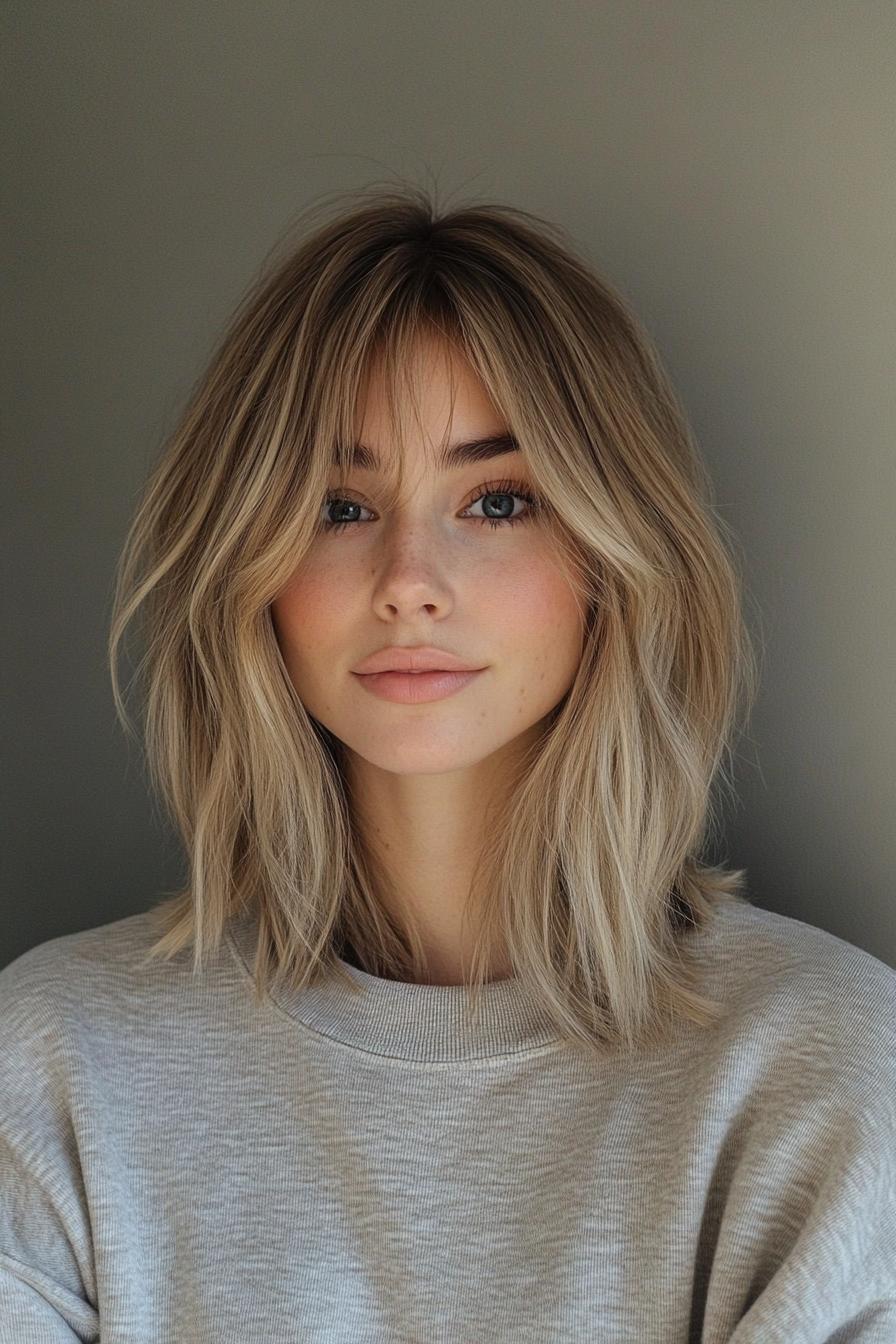 10. بوب بلند با چتری پرده ای به رنگ بلوند شنی (انواع مدل مو بوب بلند) - Long Bob Hairstyles