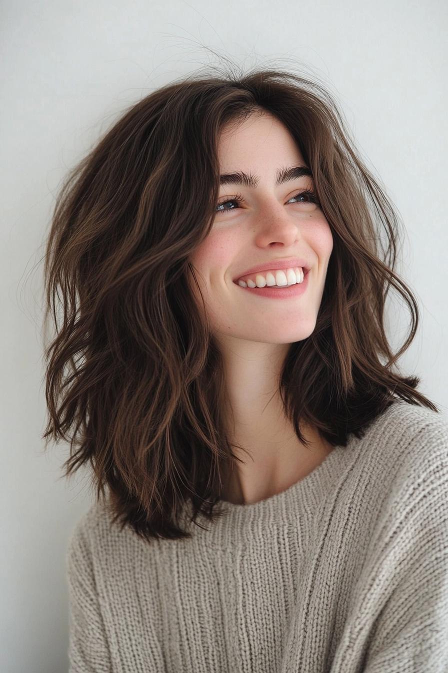 11. بوب بلند شگی به رنگ قهوه ای شکلاتی (انواع مدل مو بوب بلند) - Long Bob Hairstyles