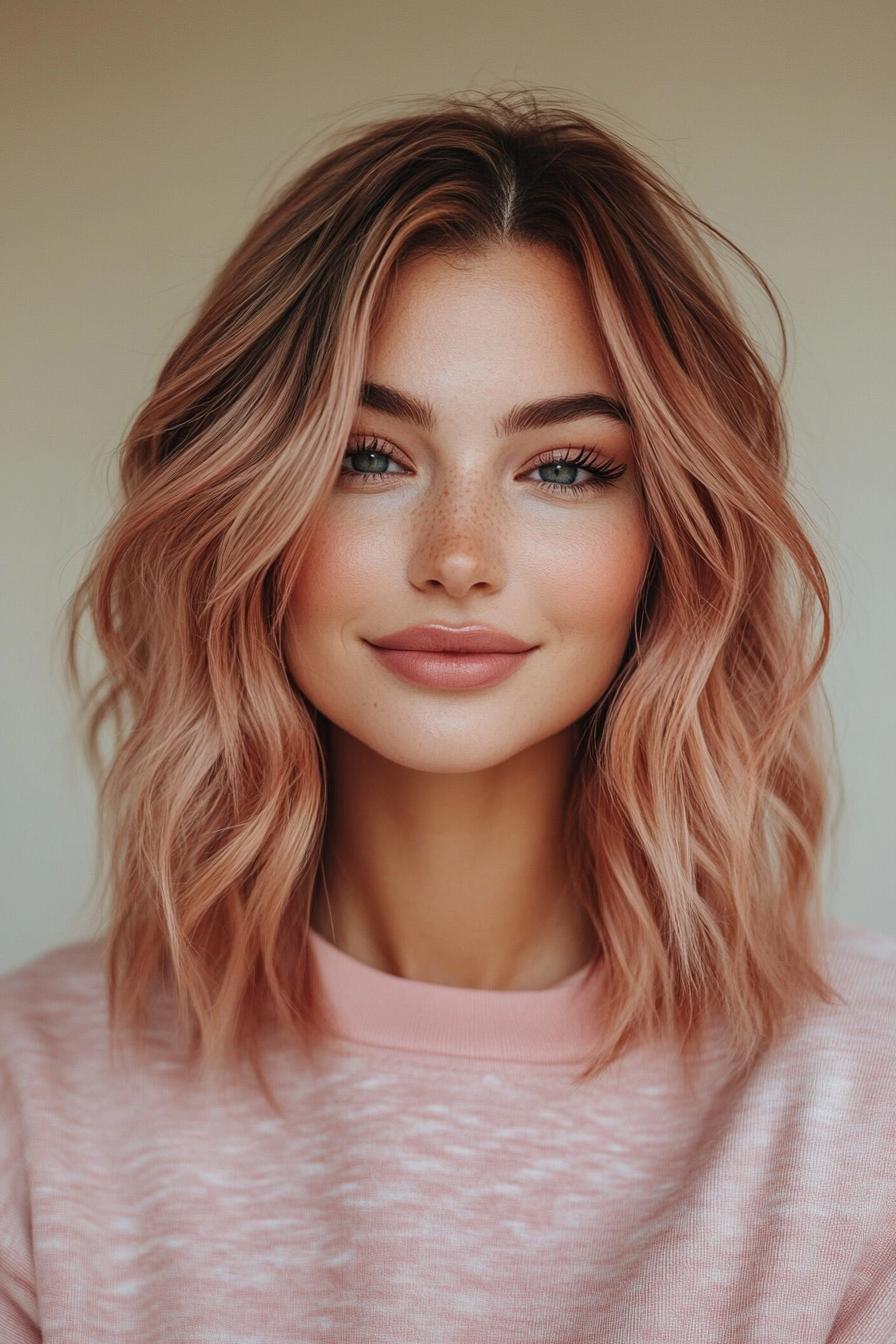 12. بوب بلند موج دار با تِن های رز گلد (انواع مدل مو بوب بلند) - Long Bob Hairstyles