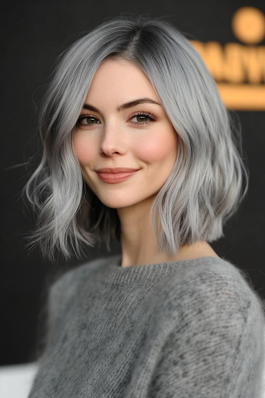 14. بوب بلند پَری به رنگ نقره ای خاکستری (انواع مدل مو بوب بلند) - Long Bob Hairstyles