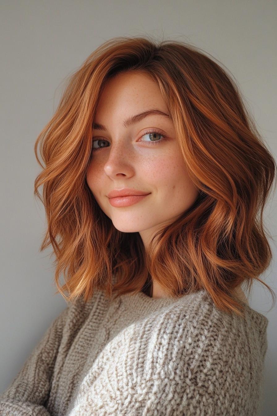 15. بوب بلند ژولیده با بالیاژ دارچینی (انواع مدل مو بوب بلند) - Long Bob Hairstyles