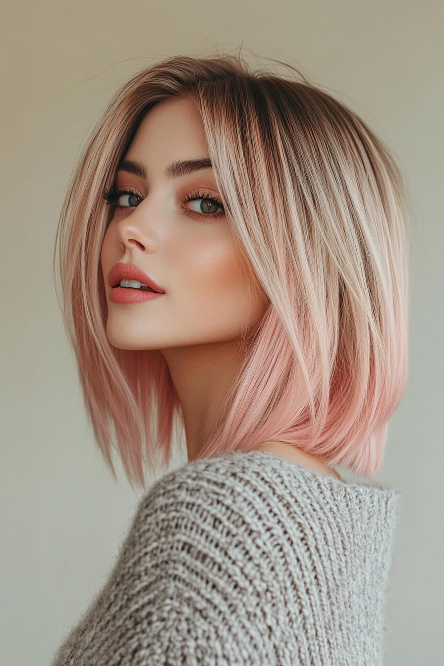 19. بوب بلند صاف با اُمبره صورتی پاستلی (انواع مدل مو بوب بلند) - Long Bob Hairstyles