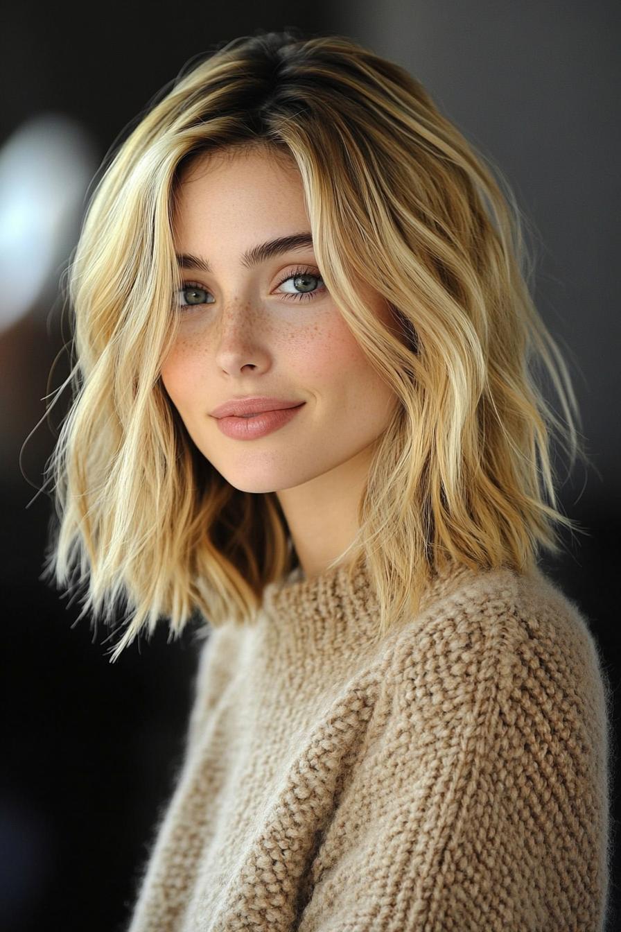 20. بوب بلند خرد شده به رنگ بلوند بِژ گرم (انواع مدل مو بوب بلند) - Long Bob Hairstyles