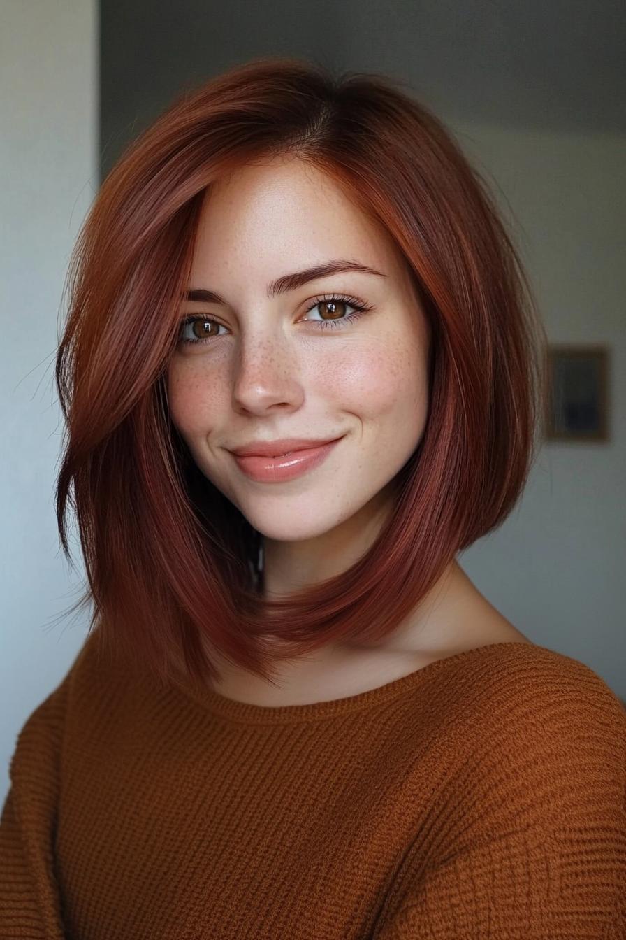 24. بوب بلند فرق کج عمیق به رنگ قهوه ای مسی (انواع مدل مو بوب بلند) - Long Bob Hairstyles