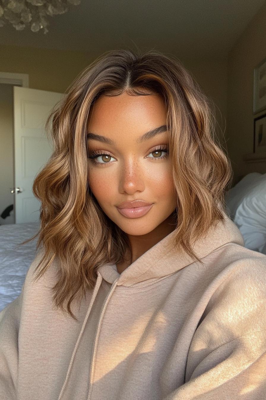 28. بوب بلند با موج های شل به رنگ اُمبره عسلی گرم (انواع مدل مو بوب بلند) - Long Bob Hairstyles