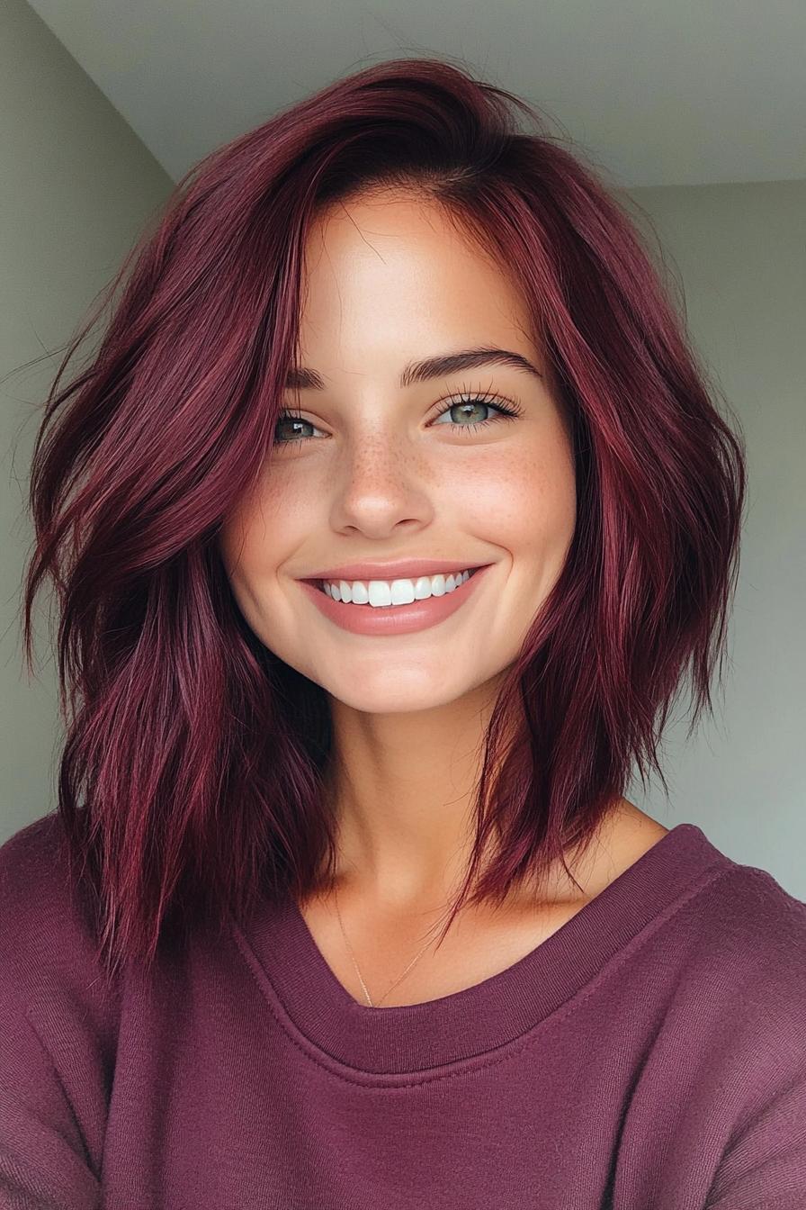29. بوب بلند فرق کج به رنگ زرشکی تیره (انواع مدل مو بوب بلند) - Long Bob Hairstyles