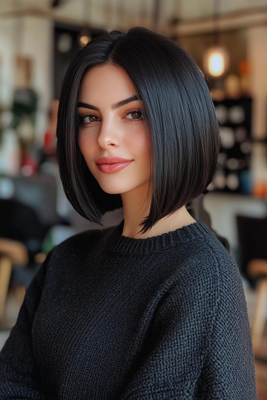 2. بوب بلند مشکی براق (انواع مدل مو بوب بلند) - Long Bob Hairstyles