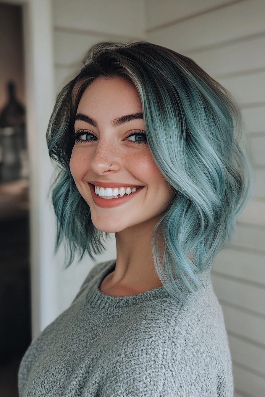 31. بوب بلند صاف با هایلایت های آبی یخی (انواع مدل مو بوب بلند) - Long Bob Hairstyles