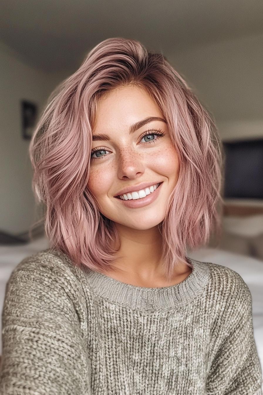 32. بوب بلند شگی به رنگ صورتی کِدِر (انواع مدل مو بوب بلند) - Long Bob Hairstyles
