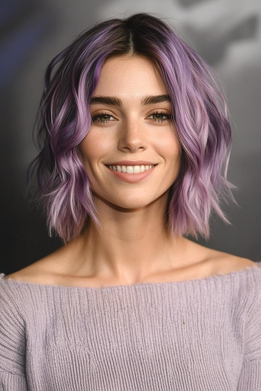 4. بوب بلند با بافت درسی درسی به رنگ یاسی دودی (انواع مدل مو بوب بلند) - Long Bob Hairstyles
